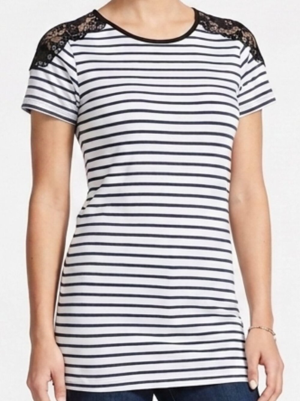 French Striped Blue White Black Lace Nautical Top